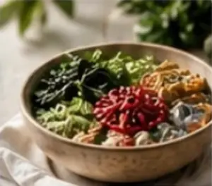 A bowl of colourful vegetables, herbs and seeds